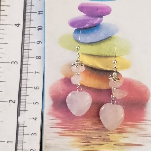 ROSE QUARTZ EARRINGS, HEARTS, SILVERY BALI STYLE ACCENTS - Picture 5 of 7